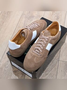 $498 Mens Magnanni "Meta" Leather Low-Top Sneakers Castoro/White US 11